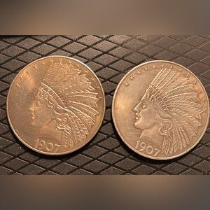 TWO 1907 Morgan Indian Head Eagle Ten Dollar Replica Copy Coins DIY Crafts